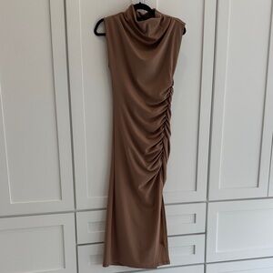 Anthropologie Tan Midi Dress with Ruched Detail